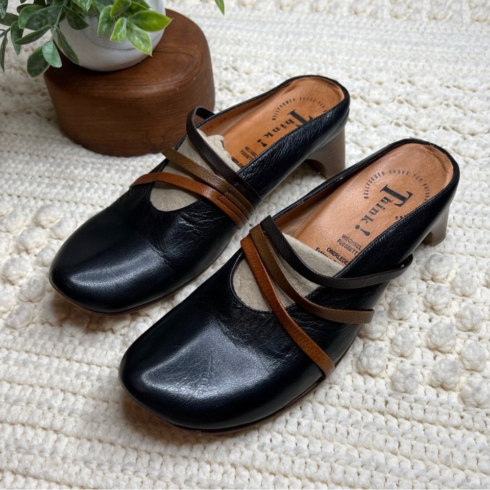 THINK! Women’s Strappy Mule Clog Slip On Shoes Leather Minimalist Block Heel 40